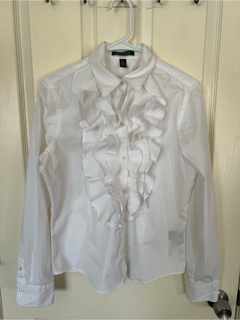 Lauren Ralph Lauren White Ruffle Tuxedo Button Down Blouse L